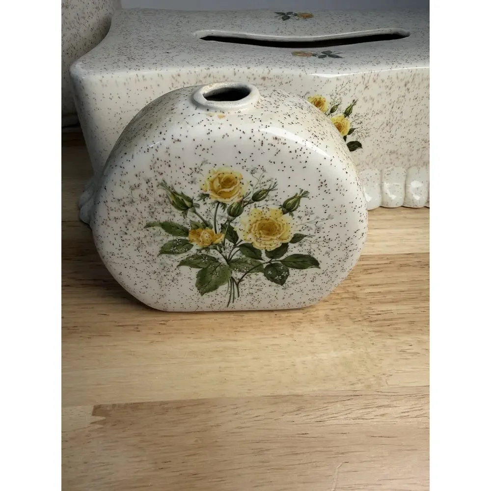 VTG 1983 Ceramic Vanity Bathroom Set of 4 Speckled Yellow Floral Design READ